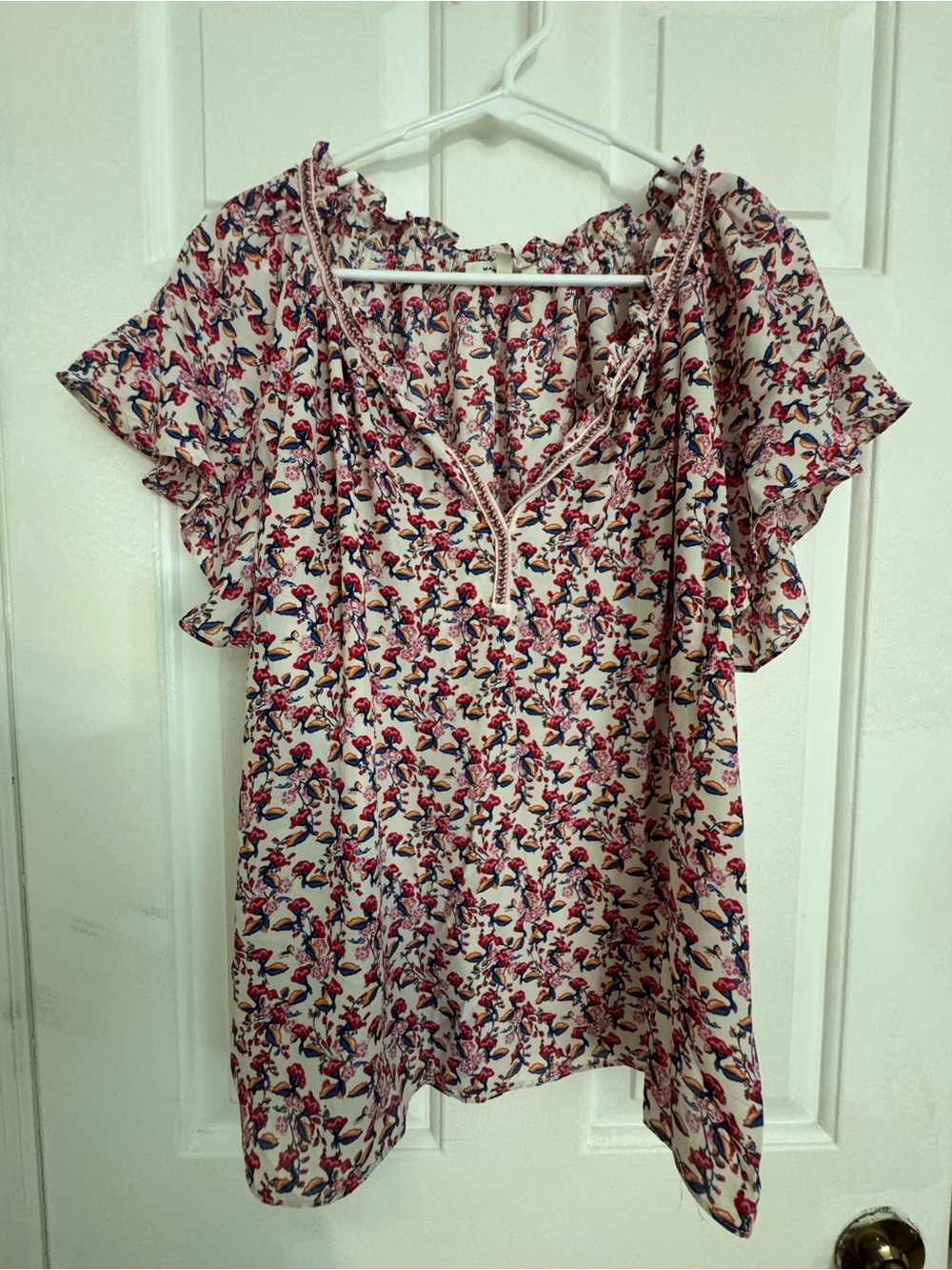Max Studio Cream Blouse with Pink and Navy Floral Print